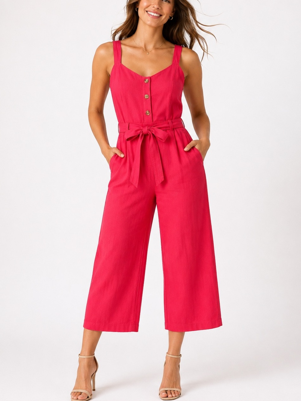 A Loves A Tie-Waist Sleeveless Cropped Red Jumpsuit